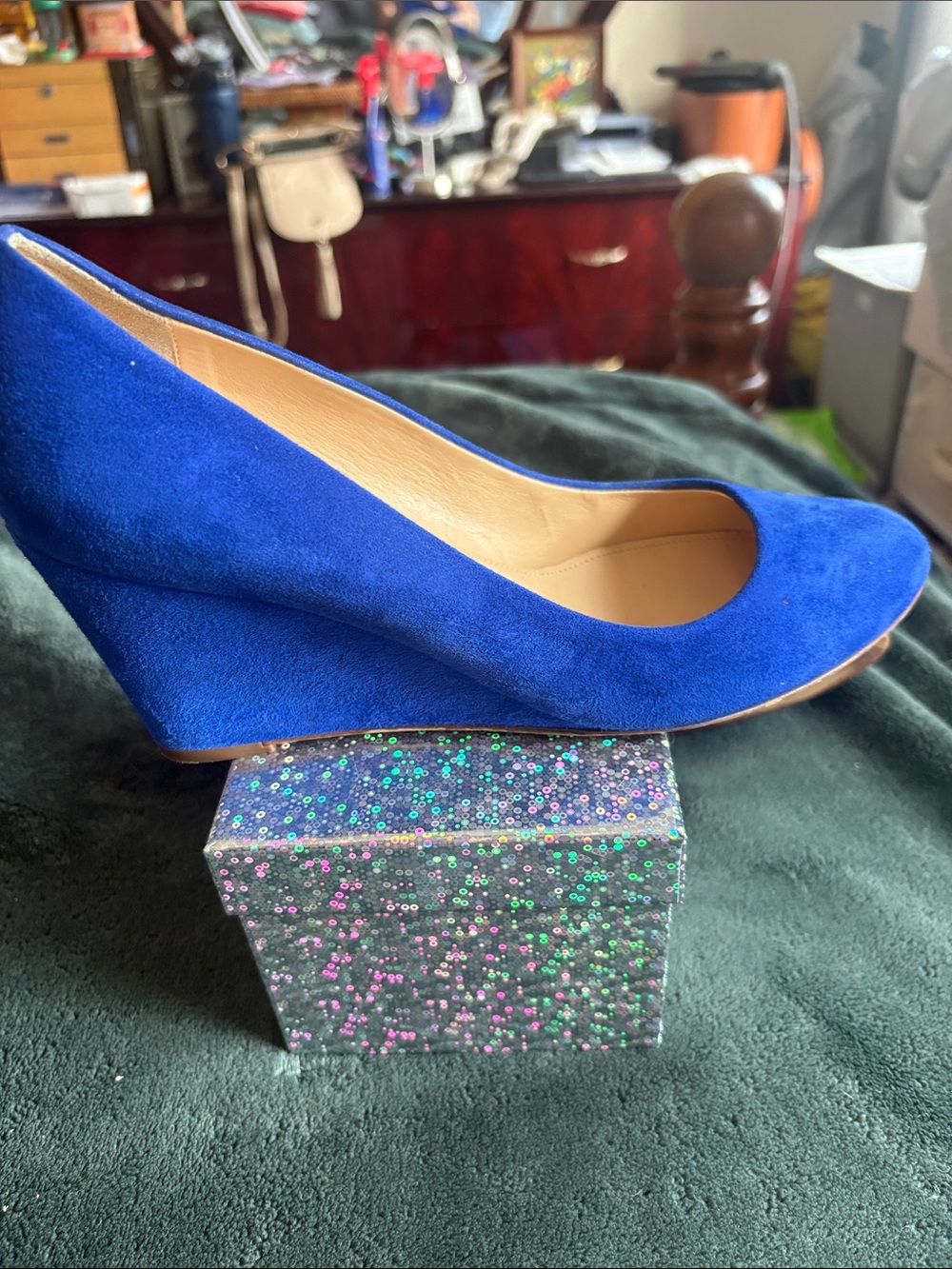 Crew blue suede wedge pumps 8.5 fits 8 made in Italy - Picture 3 of 8